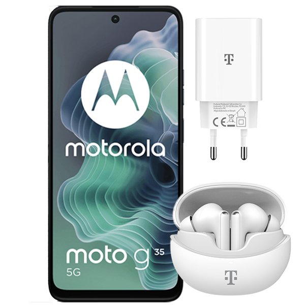 telefon Motorola Moto g35 pokazany od frontu, obok niego ładowarka i słuchawki