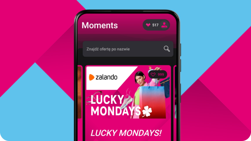 Widok liczby serc i ofert w moments w aplikacji Mój T-Mobile