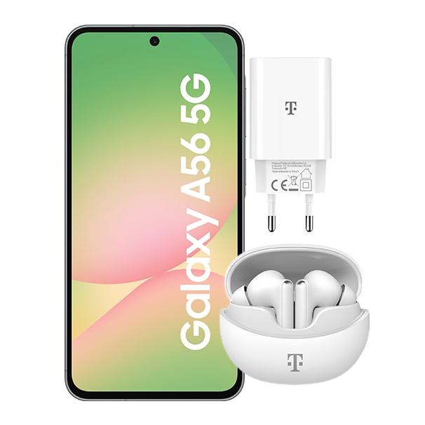 telefon Samsung Galaxy A17 5G pokazany od frontu, obok niego ładowarka i słuchawki