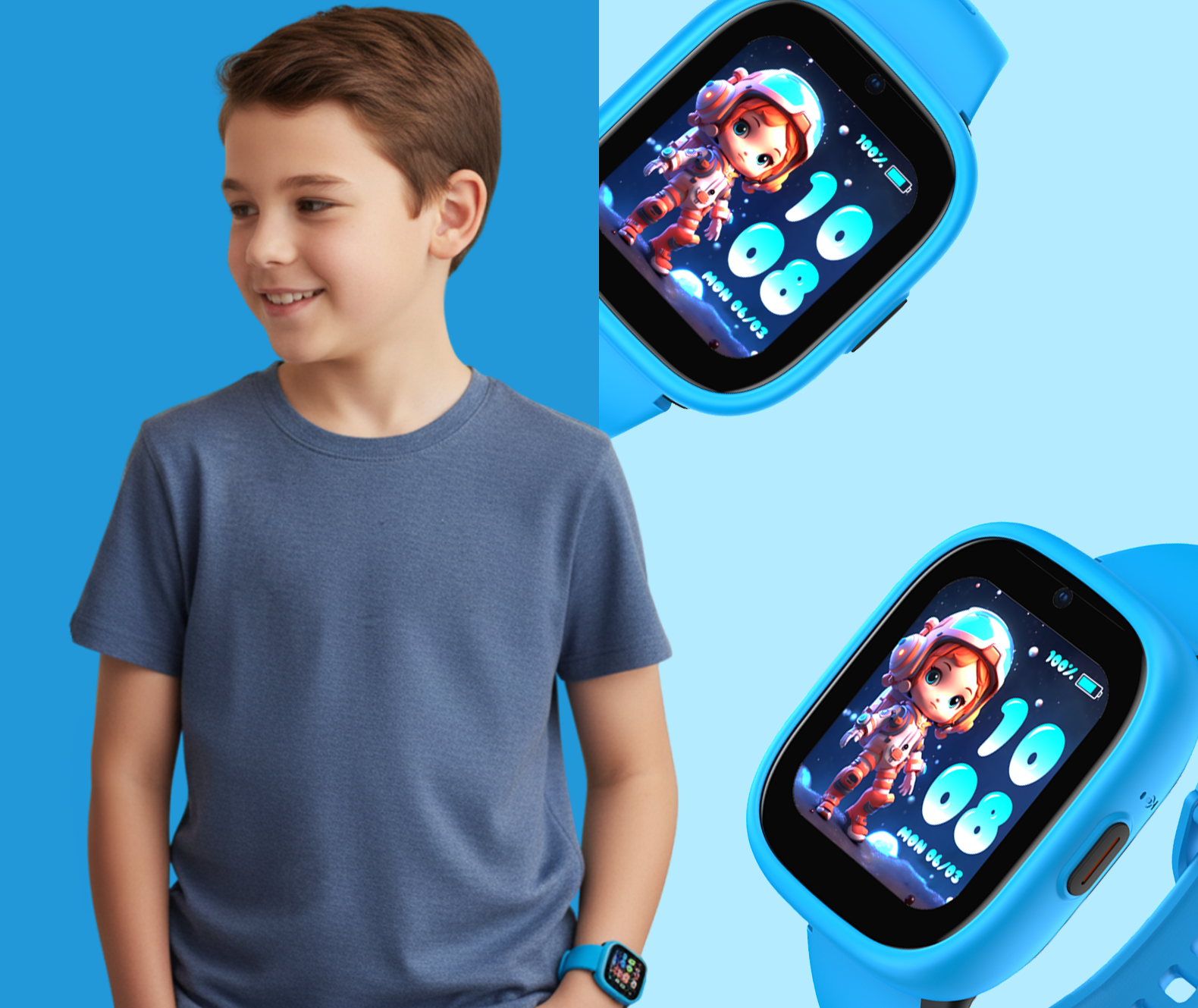 Uśmiechnięty chłopiec ze smartwatchem