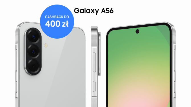 telefony Samsung Galaxy A56 pokazane z przodu, z tyłu i z boku