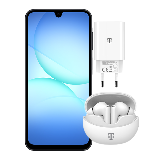 telefon Samsung Galaxy A17 5G od frontu, obok niego ładowarka i słuchawki