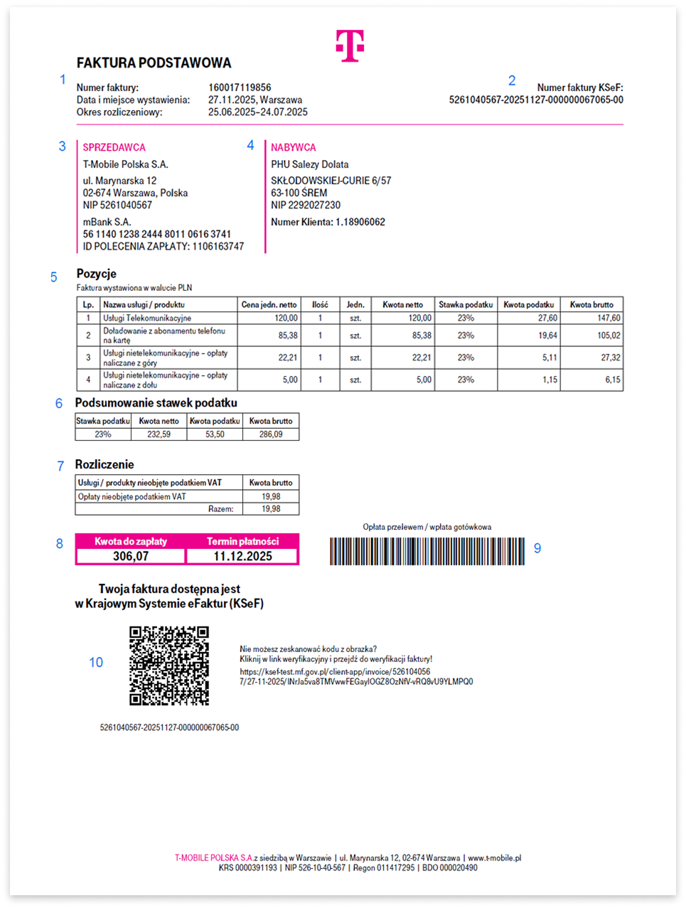 Przykładowa strona faktury podstawowej