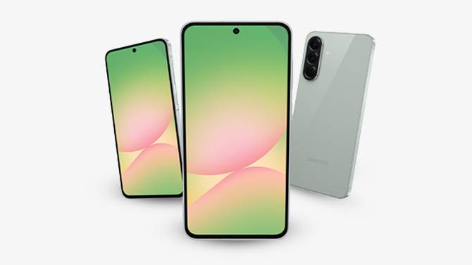 trzy telefony Samsung Galaxy A56, dwa przodem jeden tyłem