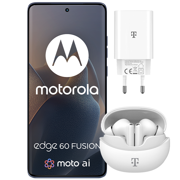 telefon Motorola Edge 60 Fusion 5G pokazany od frontu, obok niego ładowarka i słuchawki