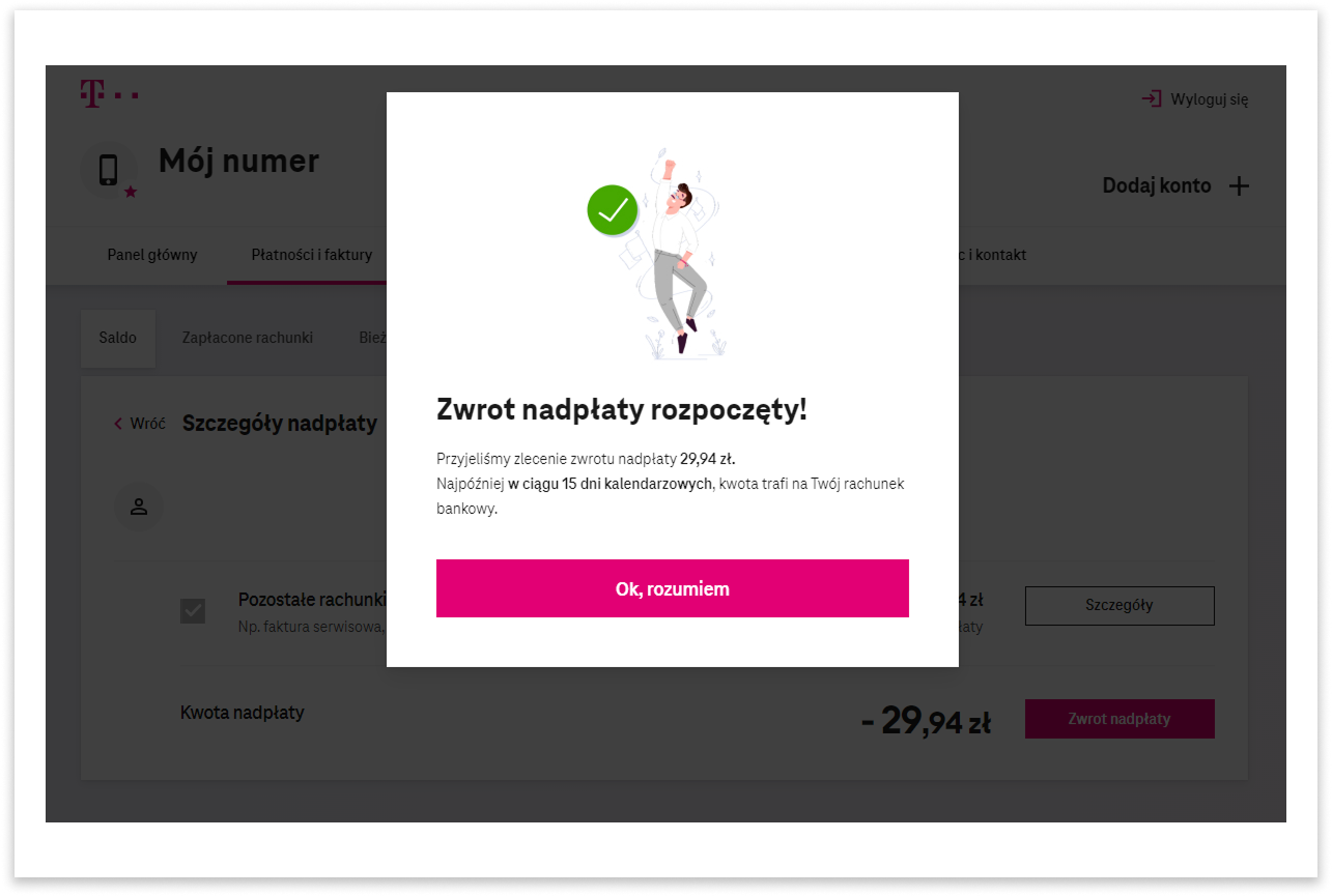 Zrzut ekranu z serwisu Mój T-Mobile prezentujący komunikat o rozpoczęciu zwrotu