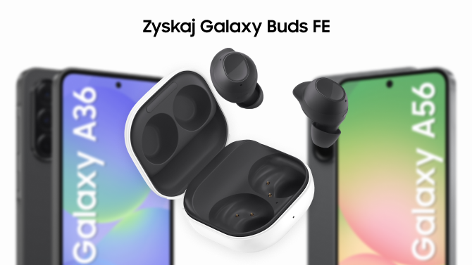 telefony Samsung z serii Galaxy A56  i A36 tyłem i przodem wraz z słuchawkami