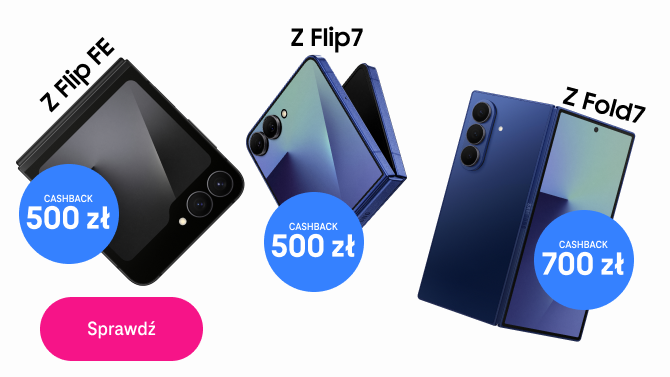 telefony Samsung z serii Galaxy Z FLIP 7 FE; Z FLIP 7; Z FOLD 7 pokazane otwarte i zamknięte