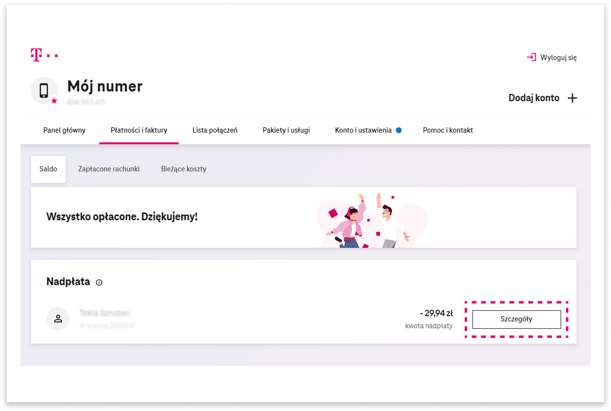 Zrzut ekranu z serwisu Mój T-Mobile prezentujący zakładkę płatności i faktury