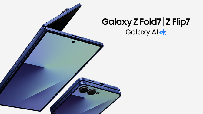 telefony Samsung Galaxy Z Fold7 i Flip7 w kolorze niebieskim i napis Galaxy Z Fold7 Flip7 Galaxy AI