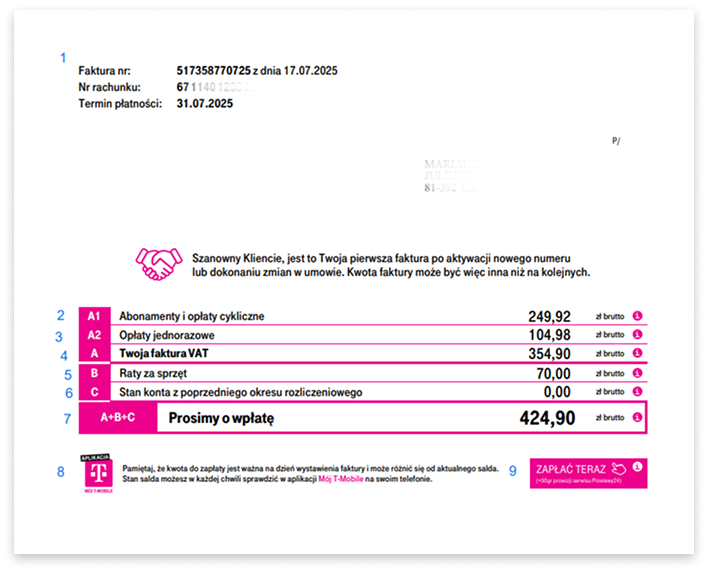 Przykładowa faktura prezentująca zestawienie opłat