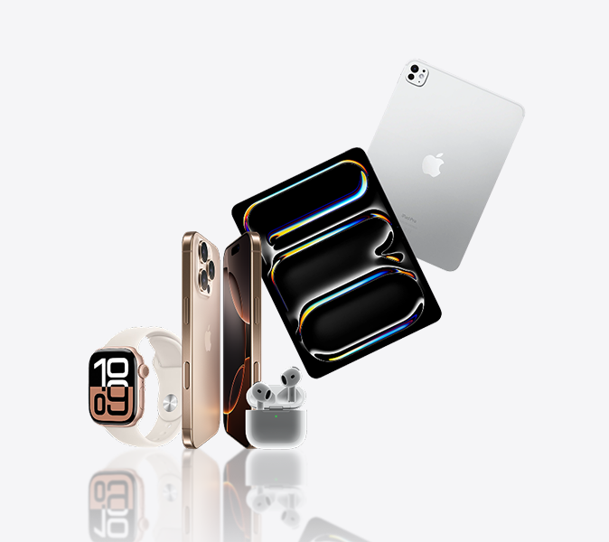 urządzenia apple pokazane razem, watch, iphone, airpodsy i ipad