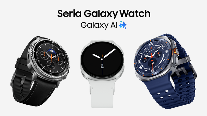 trzy zegarki samsung i napis seria galaxy watch galaxy AI