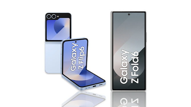 telefon Samsung Galaxy Z Flip6 w kolorze niebieskim pokazant z przodu i z tyłu oraz telefon Samsung Galaxy Z Fold6 w kolorze szarym pokazany z przodu