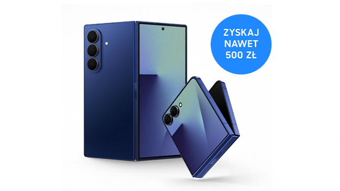 telefony Samsung Galaxy Z Fold7 i Flip7 w kolorze niebieskim i napis Galaxy Z Fold7 Flip7 Galaxy AI