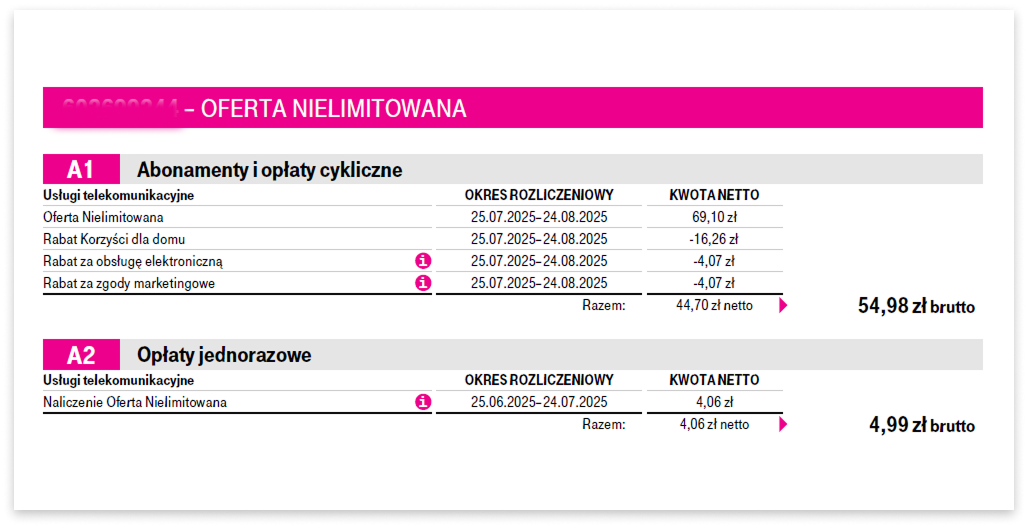 Fragment faktury prezentujący abonamenty, opłaty cykliczne i jednorazowe