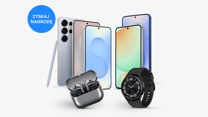 telefony Samsung z serii Galaxy S25 i S24 FE przodem i tyłem wraz z zegarkiem i słuchawkami