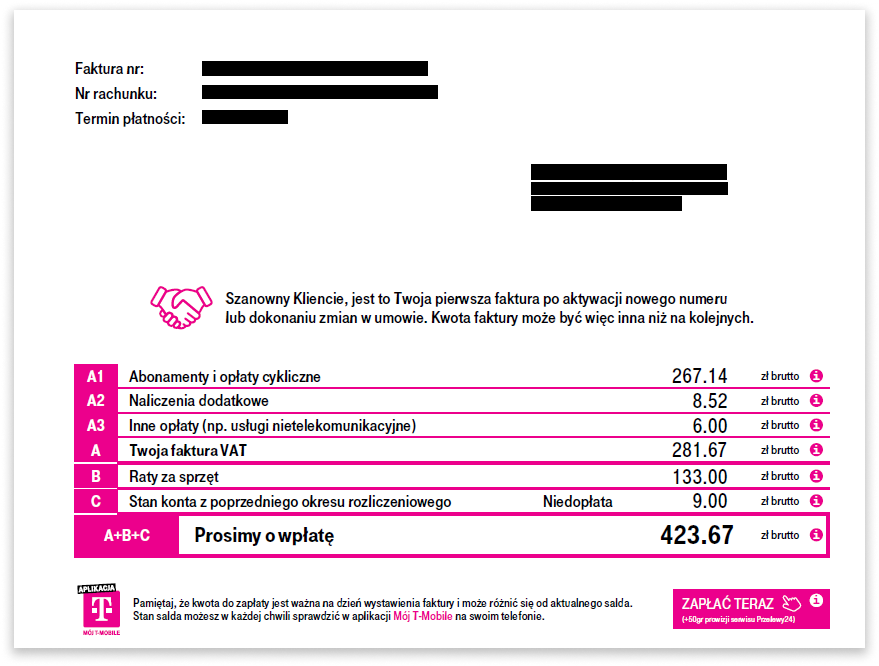 Przykładowa faktura wraz z pozycjami i cenami