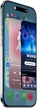 iPhone Air pokazany z przodu i z boku, prezentacja Dynamic Island na środku górnej części urządzenia, smukły profil, przycisk czynności i przyciski głośności, na ekranie funkcja przełączania aplikacji