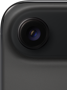 iPhone Air w kolorze gwiezdnej czerni pokazany z tyłu. Wyeksponowane górny zaokrąglony róg urządzenia i system aparatu Fusion z pojedynczym obiektywem