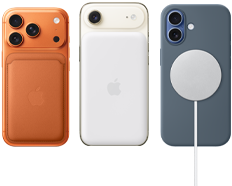 Pokazany od tyłu iPhone 17 Pro w kolorze [O7], w silikonowym etui w kolorze sieny z portfelem z tkaniny FineWoven z MagSafe w kolorze lisim pomarańczowym; pokazany od tyłu iPhone Air w kolorze białego obłoku z przyczepionym akumulatorem MagSafe; pokazany od tyłu iPhone 17 w kolorze gołębim, w silikonowym etui w kolorze marynarskiego granatu z ładowarką MagSafe