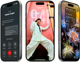 3 modele iPhone’a 17 Pro, przód, ustawione obok siebie urządzenia prezentują iOS 26, efekt Liquid Glass i funkcję Apple Intelligence