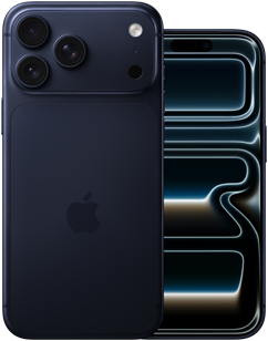 Zestawione obok siebie, iPhone 17 Pro Max, tył obudowy, system Pro aparatów, 3 obiektywy, mikrofon, flesz, wykończenie [B28], iPhone 17 Pro, przód z sięgającym krawędzi wyświetlaczem, wykończenie [B28]