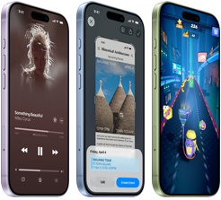 Urządzenia iPhone 17 pokazane z przodu i z boku z wyeksponowanymi przyciskami głośności i przyciskiem czynności, na ekranach zaprezentowane są aplikacja Apple Music, funkcja Inteligencja wizualna i gra mobilna
