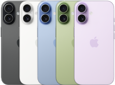 iPhone 17, tył urządzenia, system dwóch aparatów Fusion, wszystkie pięć kolorów nachodzących na siebie: czarny, biały, szałwia, gołębi i lawenda