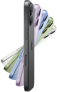 iPhone 17, bok urządzeń w pięciu kolorach: czarny, lawenda, gołębi, szałwia i biały
