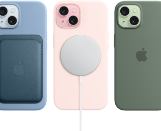 iPhone 15, silikonowe etui z MagSafe do iPhone’a 15, portfel z tkaniny FineWoven z MagSafe, ładowarka MagSafe, akumulator MagSafe.