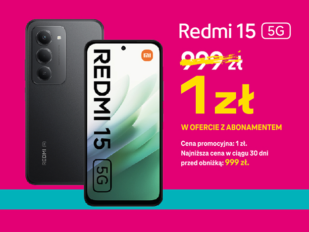 Smartfon Redmi 15 5G. Cena przekreślona 999zł. Cena aktualna 1zł w ofercie z abonamentem. Cena promocyjna 1zł. Najniższa cena w ciągu 30 dni przed obniżką 999zł.