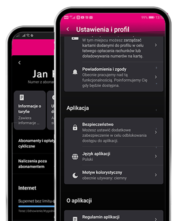 Aplikacja Mój T-Mobile dostępna w motywach tradycyjnym i ciemnym