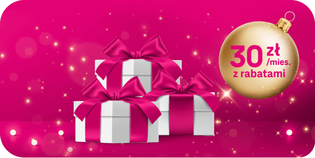 Obrazek przedstawiający zapakowane prezenty i bombka z napisem 30zł/mies z rabatami