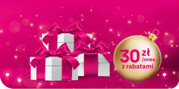 Obrazek przedstawiający zapakowane prezenty i bombka z napisem 30zł/mies z rabatami
