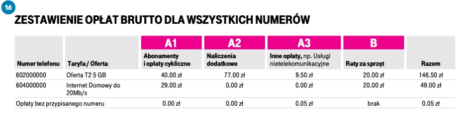 Obraz przedstawia przykładowe rozliczenie wszystkich numerów telefonów na fakturze