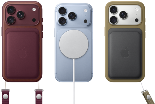 iPhone 18 Pro, tył obudowy, kolor burgunda, portfel z tkaniny FineWoven z MagSafe w kolorze burgunda; iPhone 18 Pro, tył obudowy, w kolorze błękit lodowca z przyczepionym akumulatorem MagSafe; iPhone 18 Pro, tył obudowy, kolor srebrny, z silikonowym etui w kolorze zielonym i ładowarką MagSafe