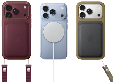 iPhone 18 Pro, tył obudowy, kolor burgunda, portfel z tkaniny FineWoven z MagSafe w kolorze burgunda; iPhone 18 Pro, tył obudowy, w kolorze błękit lodowca z przyczepionym akumulatorem MagSafe; iPhone 18 Pro, tył obudowy, kolor srebrny, z silikonowym etui w kolorze zielonym i ładowarką MagSafe