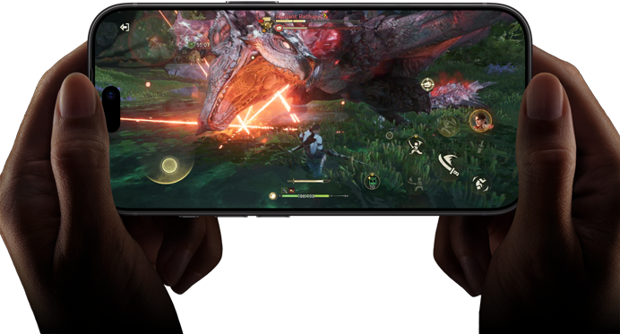 iPhone 18 Pro, przód obudowy, na ekranie zaprezentowane możliwości czipa A20 Pro za pomocą sceny z gry Monster Hunter Outlanders