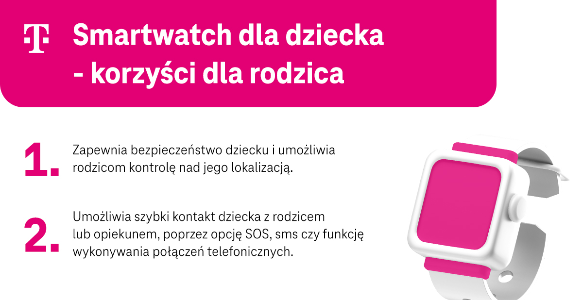 Smartwatch dla dziecka - korzyści dla rodzica - bezpieczeństwo dziecka, szybki kontakt z dzieckiem - infografika, część 1