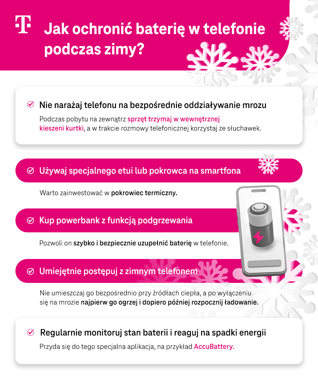 Jak ochronić baterię w telefonie podczas zimy? Lista sposobów - infografika