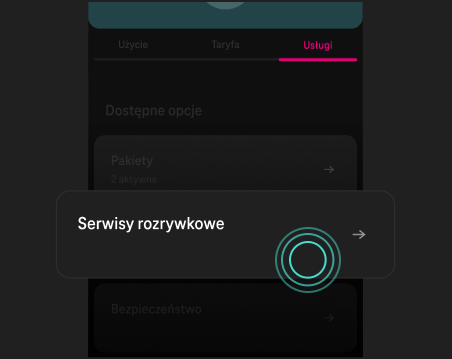  <img src="205.png"      alt="Ekran aplikacji Mój T-Mobile z zakładką Usługi i opcją Serwisy rozrywkowe">