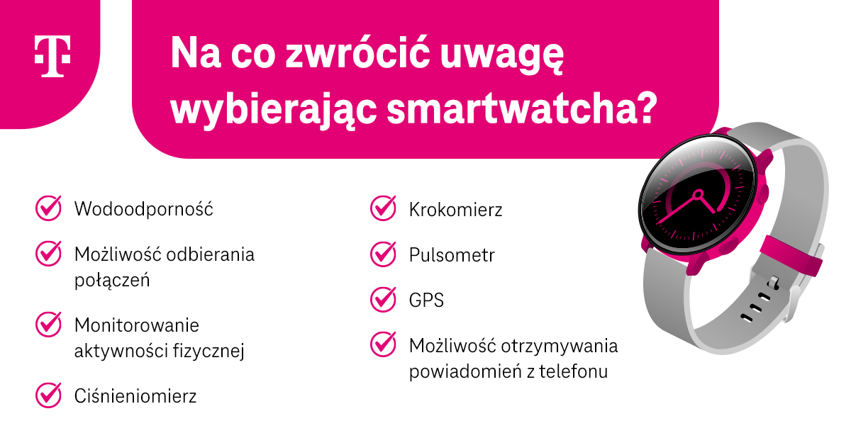 Na co zwrócić uwagę wybierając smartwatcha - wodoodporność, możliwość odbierania połączeń, monitorowanie aktywności, ciśnieniomierz, krokomierz, pulsometr, GPS, powiadomienia z telefonu - infografika, część 1