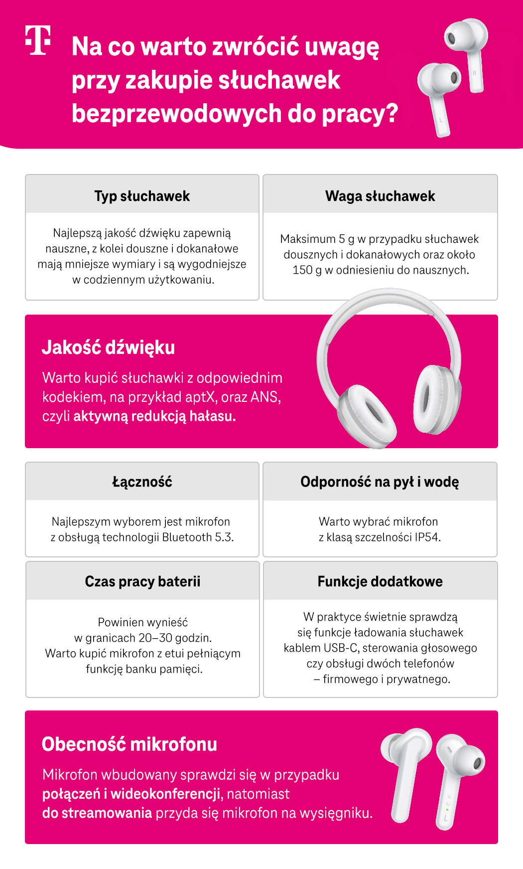 Na co warto zwrócić uwagę przy zakupie słuchawek bezprzewodowych do pracy? Typy i parametry - lista - infografika
