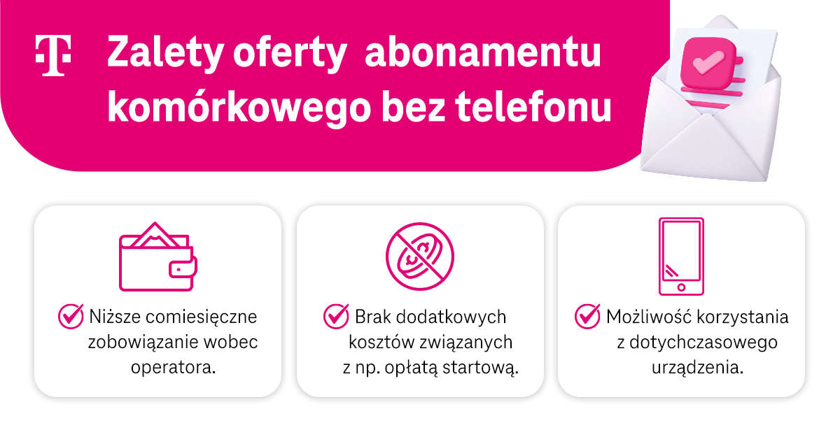 Zalety abonamentu bez telefonu - niższe zobowiązanie, brak dodatkowych opłat za telefon, możliwość zachowania starego telefonu - infografika, część 1