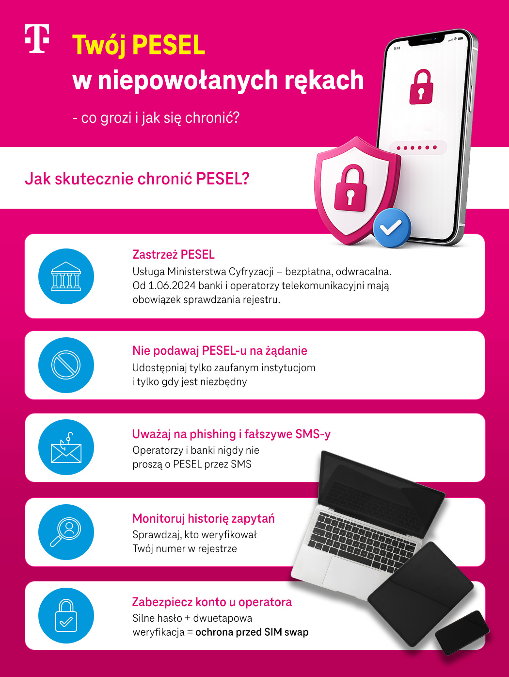 Twój PESEL w niepowołanych rękach – co grozi i jak się chronić? Lista sposobów - infografika