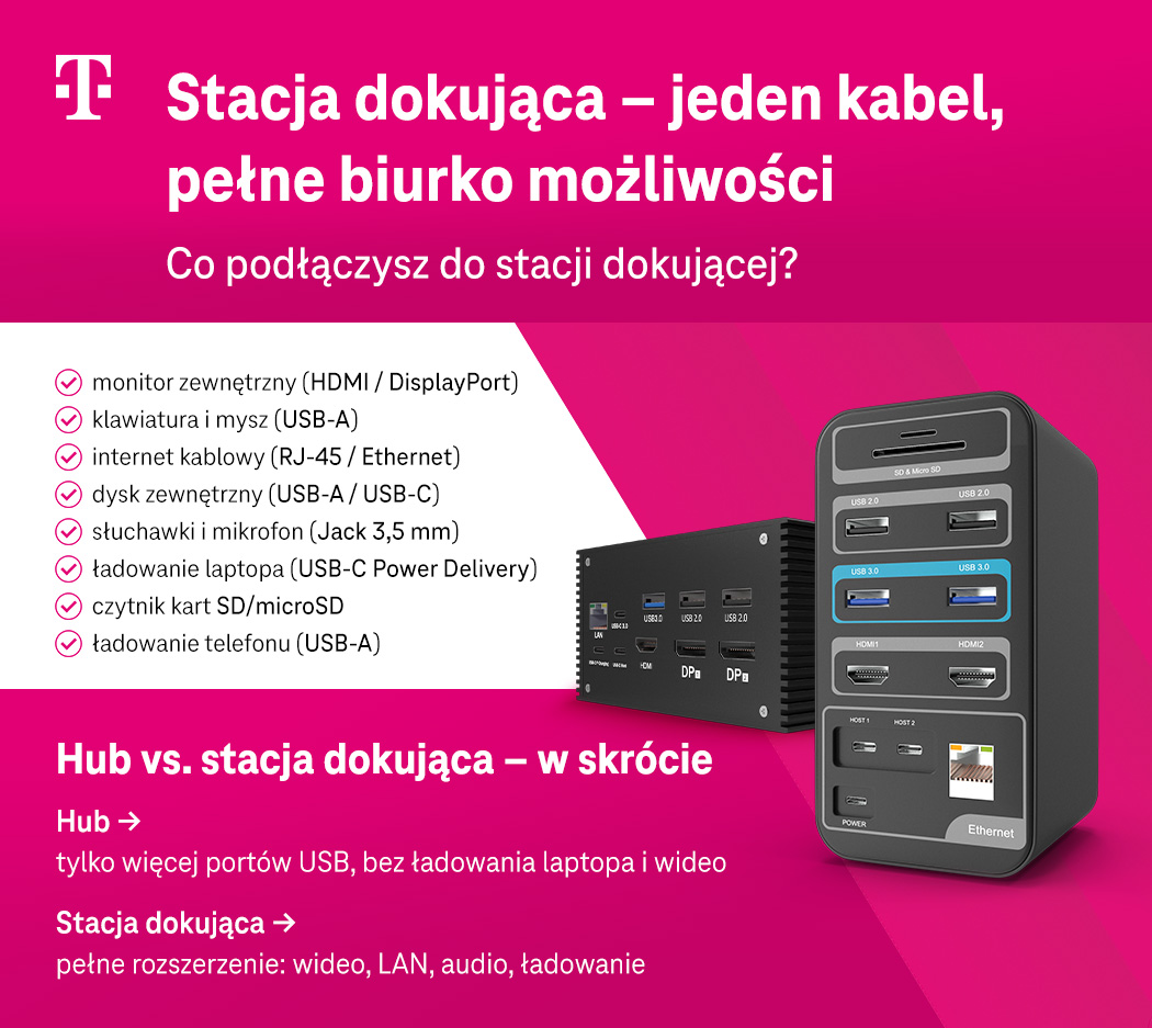 Stacja dokująca – jeden kabel, pełne biurko możliwości - co można podłączyć, hub vs stacja dokująca - lista - infografika