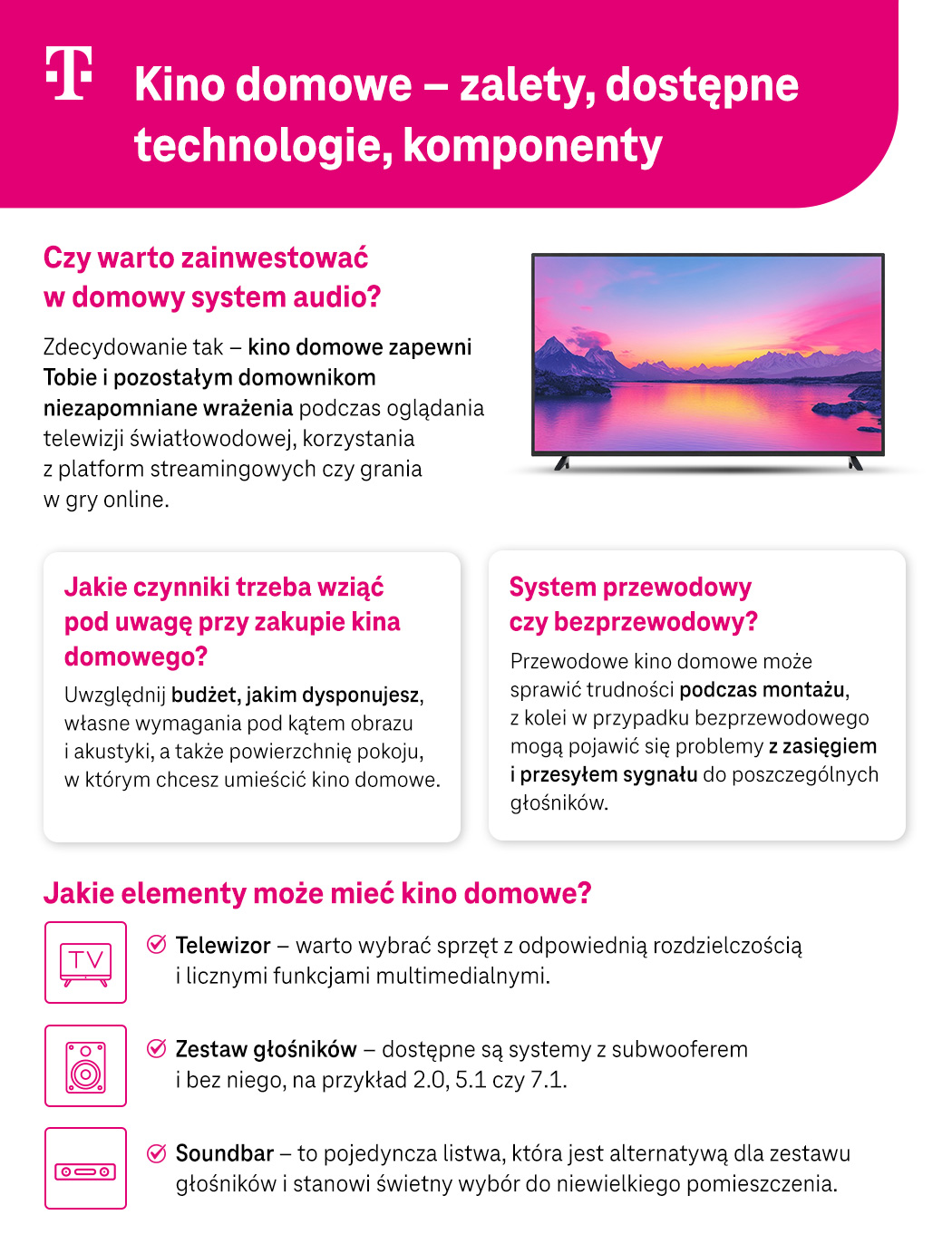 Kino domowe - zalety, dostępne technologie, komponenty - lista - infografika