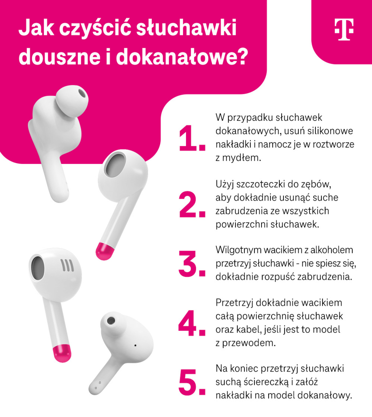 Jak czyścić słuchawki douszne i dokanałowe - infografika