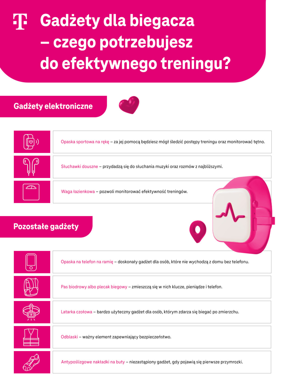 Gadżety dla biegacza - czego potrzebujesz do efektywnego treningu - opaska sportowa na rękę, słuchawki douszne, waga łazienkowa - infografika